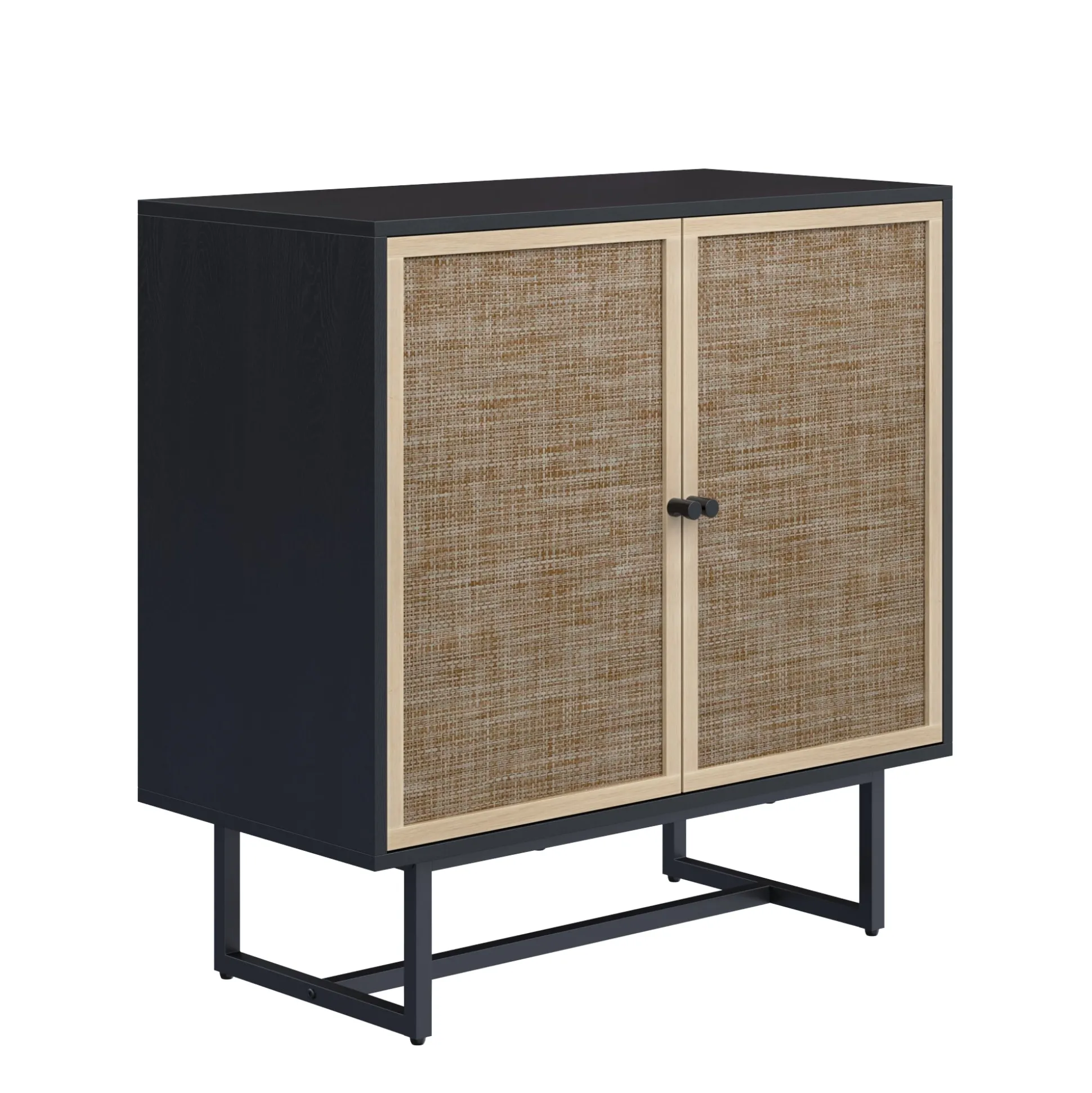 Metal and Rattan TV Stand Console for TVs up to 100" Black Oak