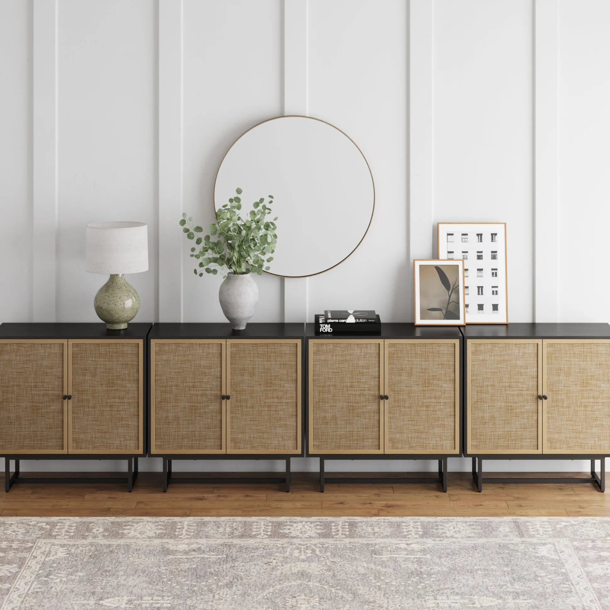 Metal and Rattan TV Stand Console for TVs up to 100" Black Oak