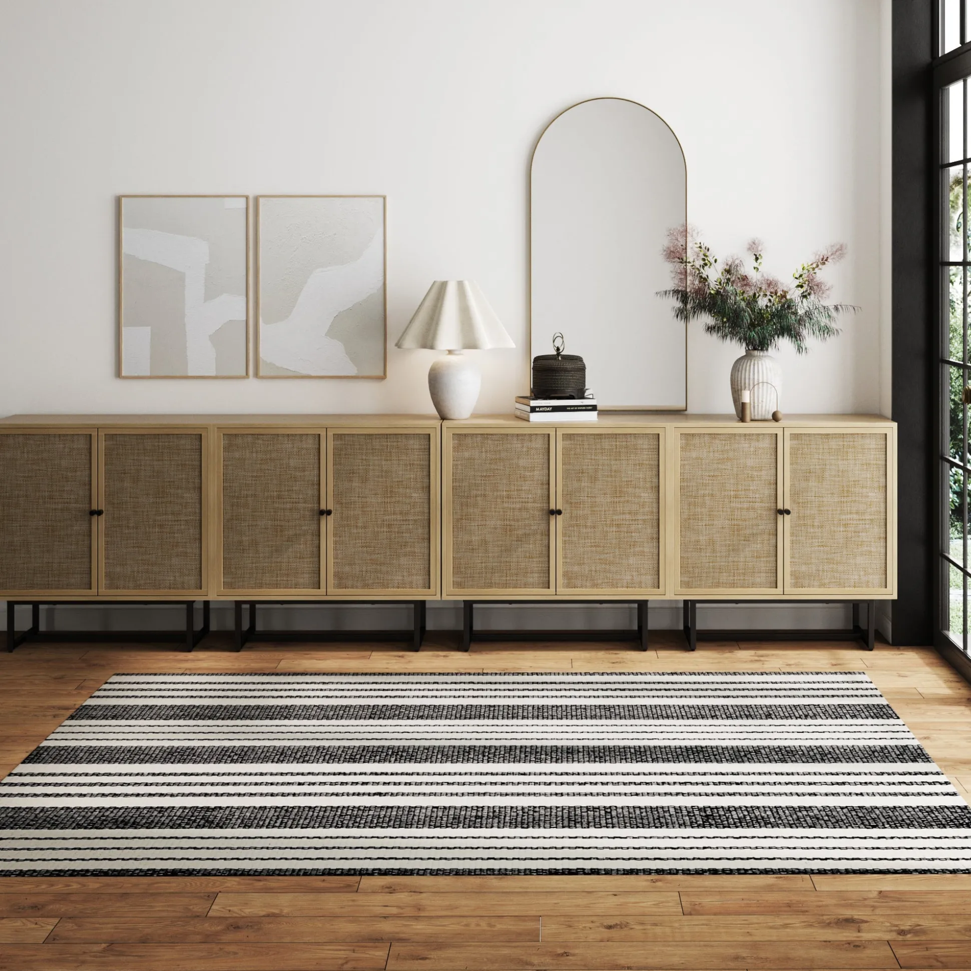Metal and Rattan TV Stand Console for TVs up to 100" Light Oak