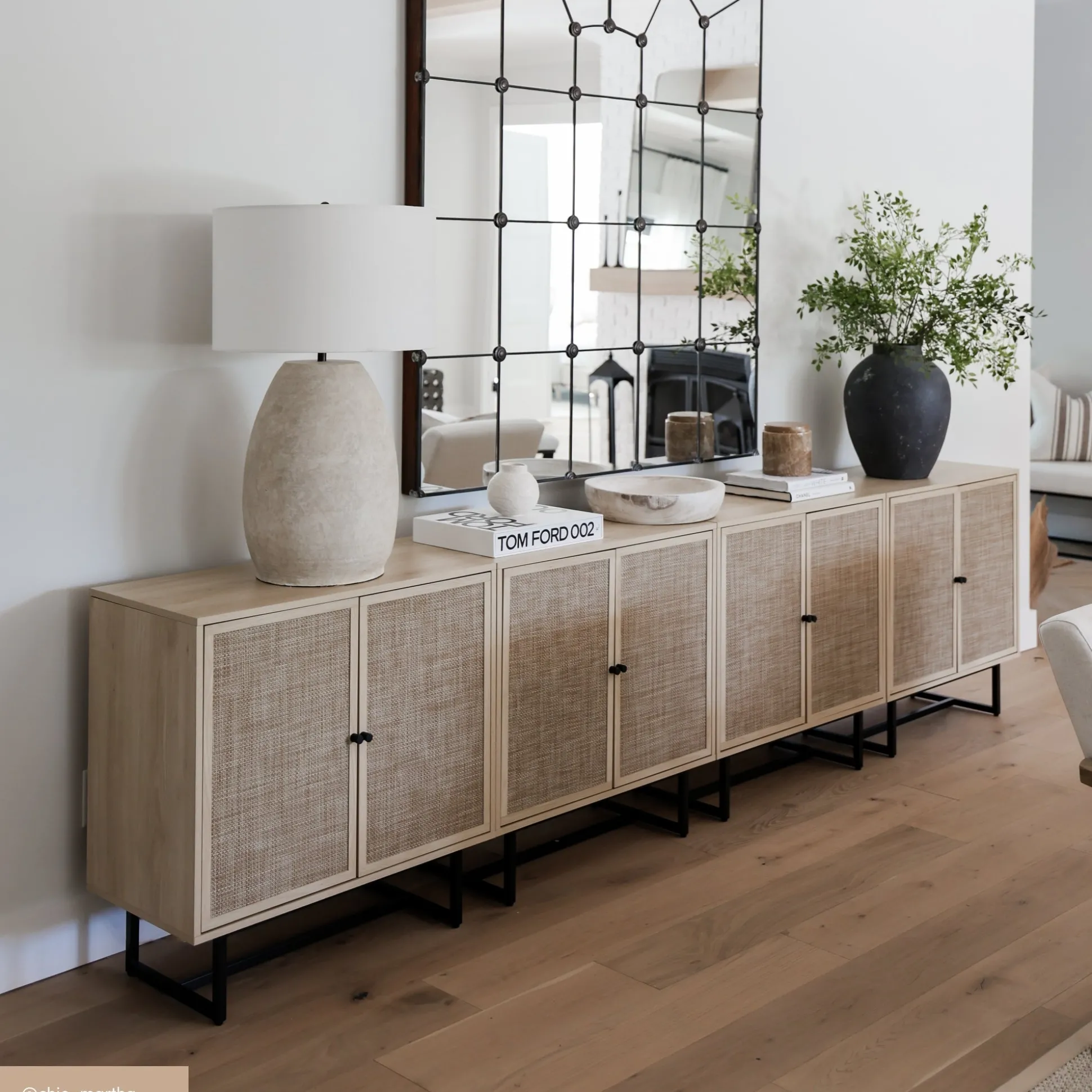 Metal and Rattan TV Stand Console for TVs up to 100" Light Oak