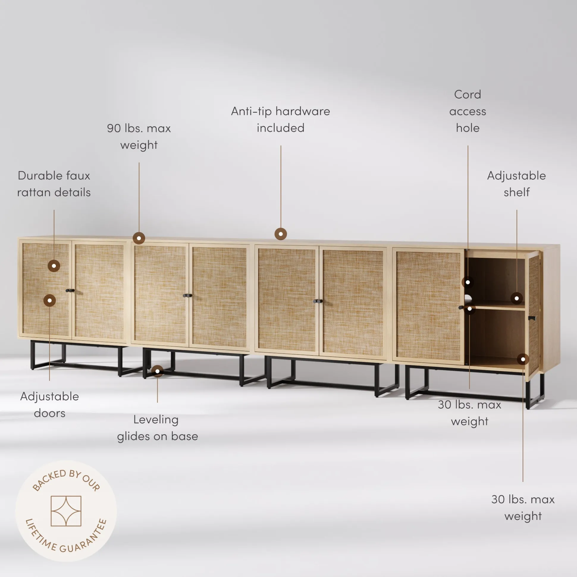 Metal and Rattan TV Stand Console for TVs up to 100" Light Oak