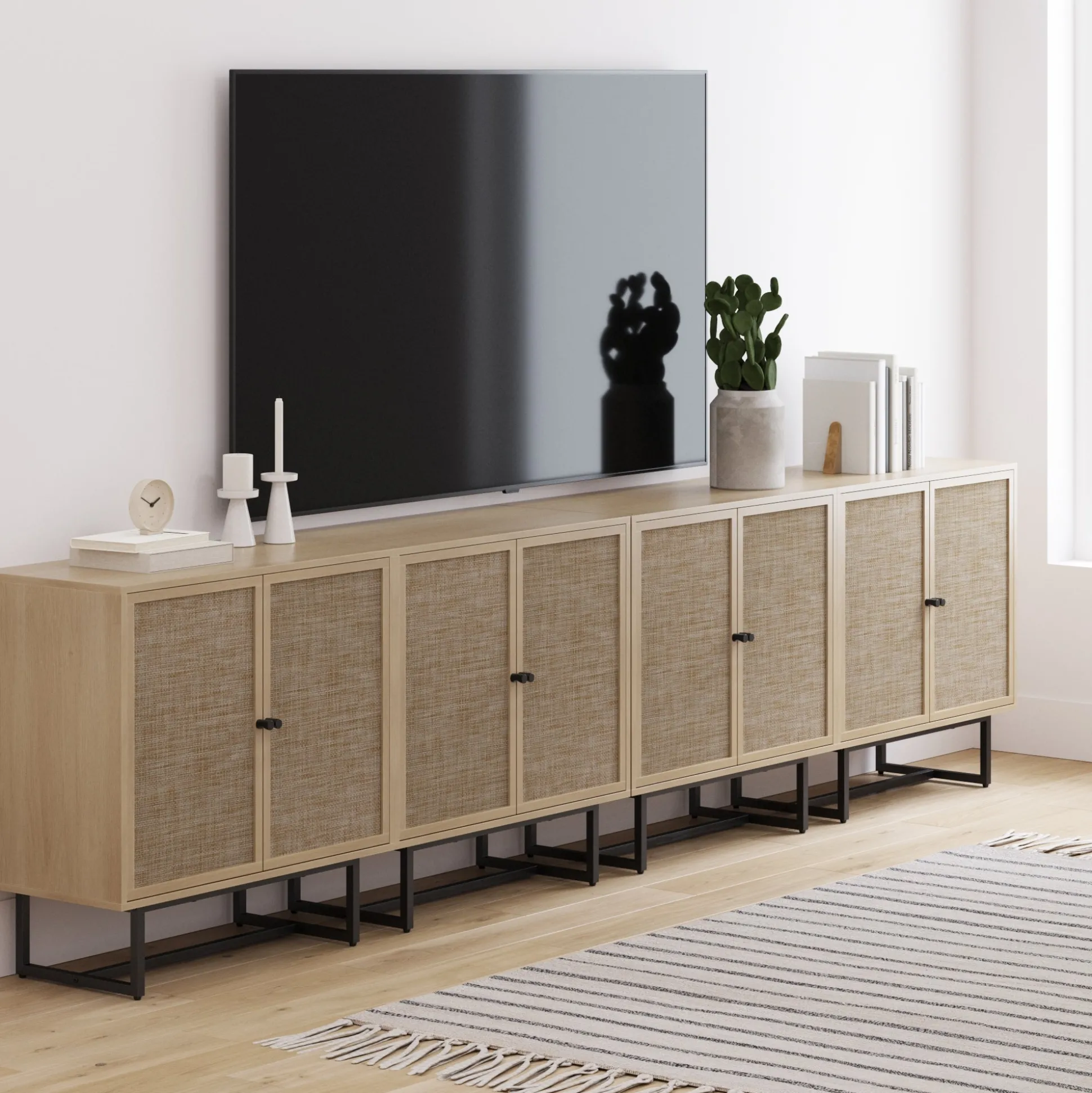 Metal and Rattan TV Stand Console for TVs up to 100" Light Oak