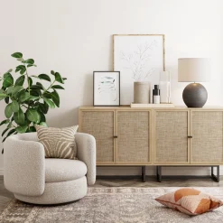 Metal and Rattan TV Stand Console for TVs up to 65" Light Oak