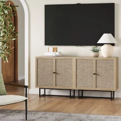 Metal and Rattan TV Stand Console for TVs up to 65" Light Oak