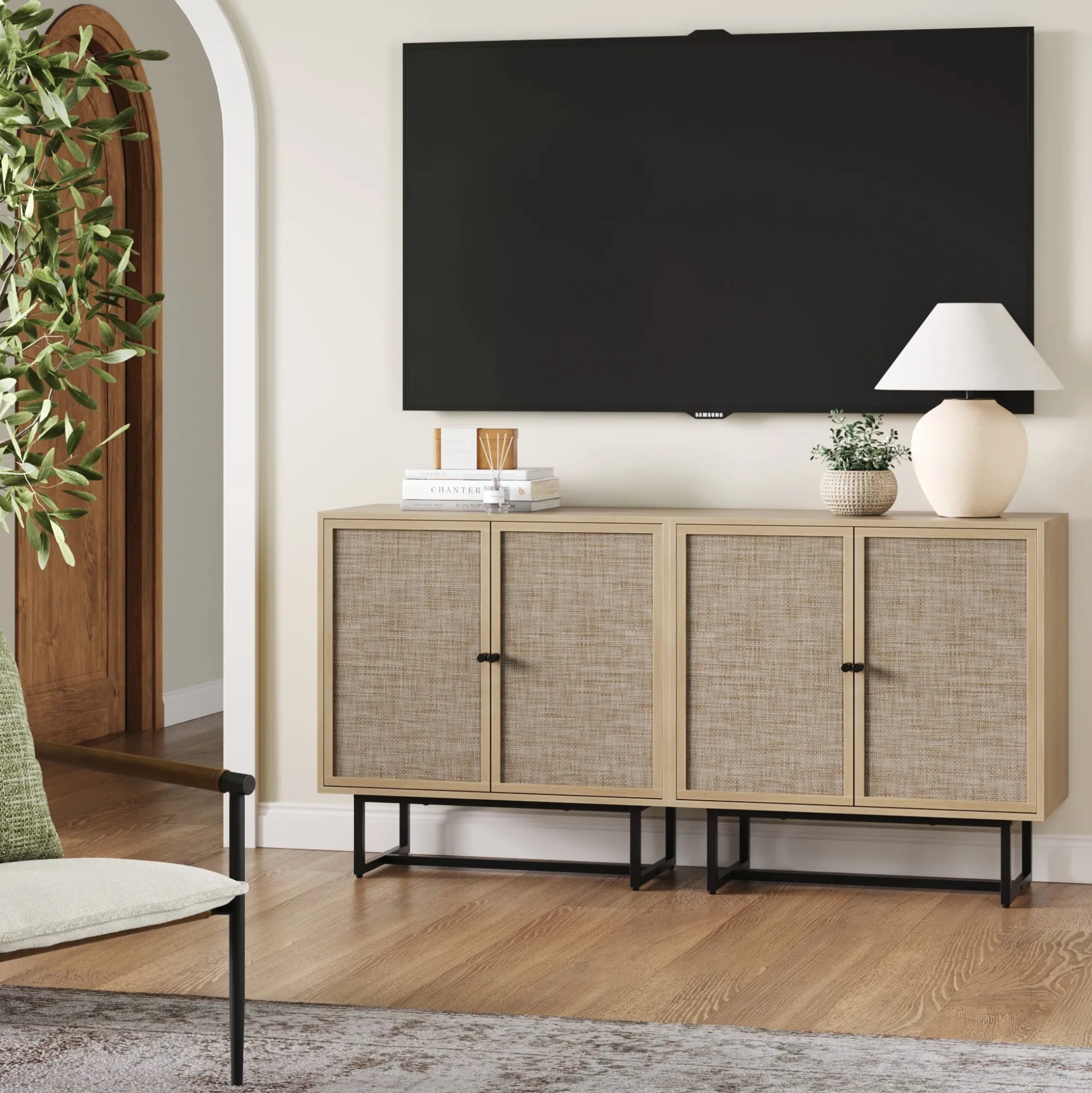 Metal and Rattan TV Stand Console for TVs up to 65" Light Oak