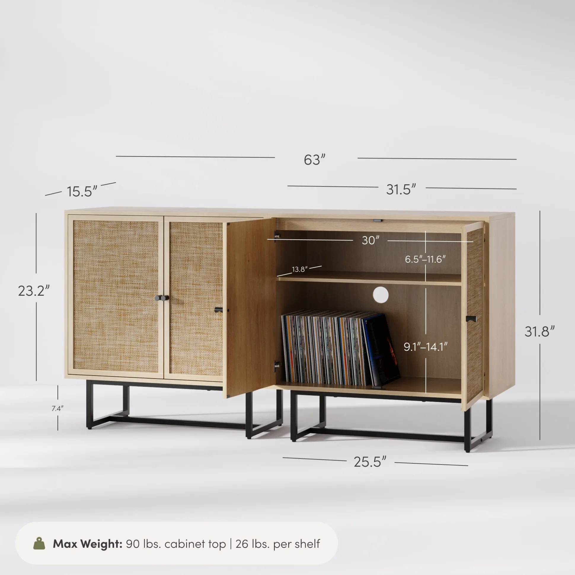 Metal and Rattan TV Stand Console for TVs up to 65" Light Oak