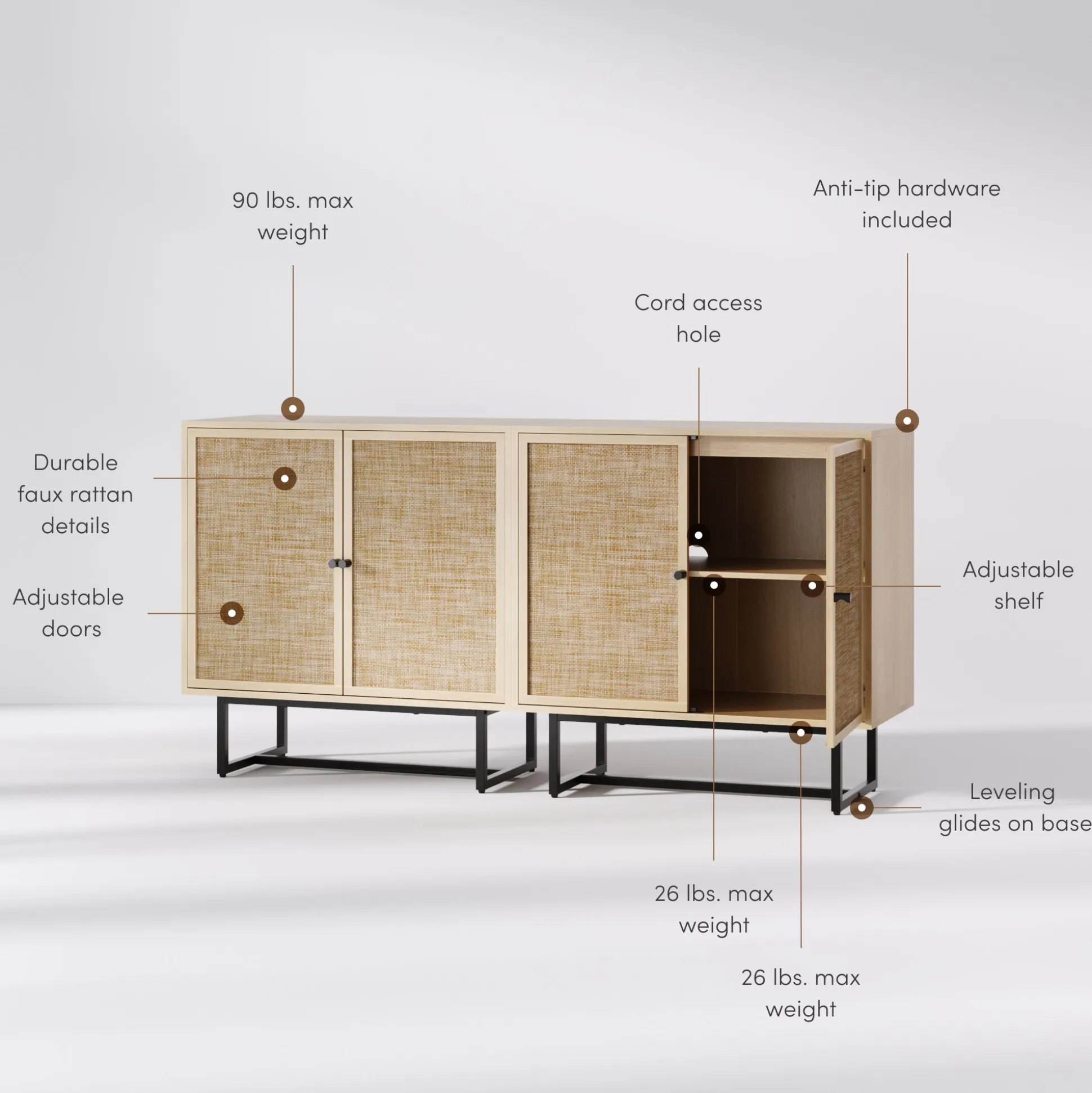 Metal and Rattan TV Stand Console for TVs up to 65" Light Oak