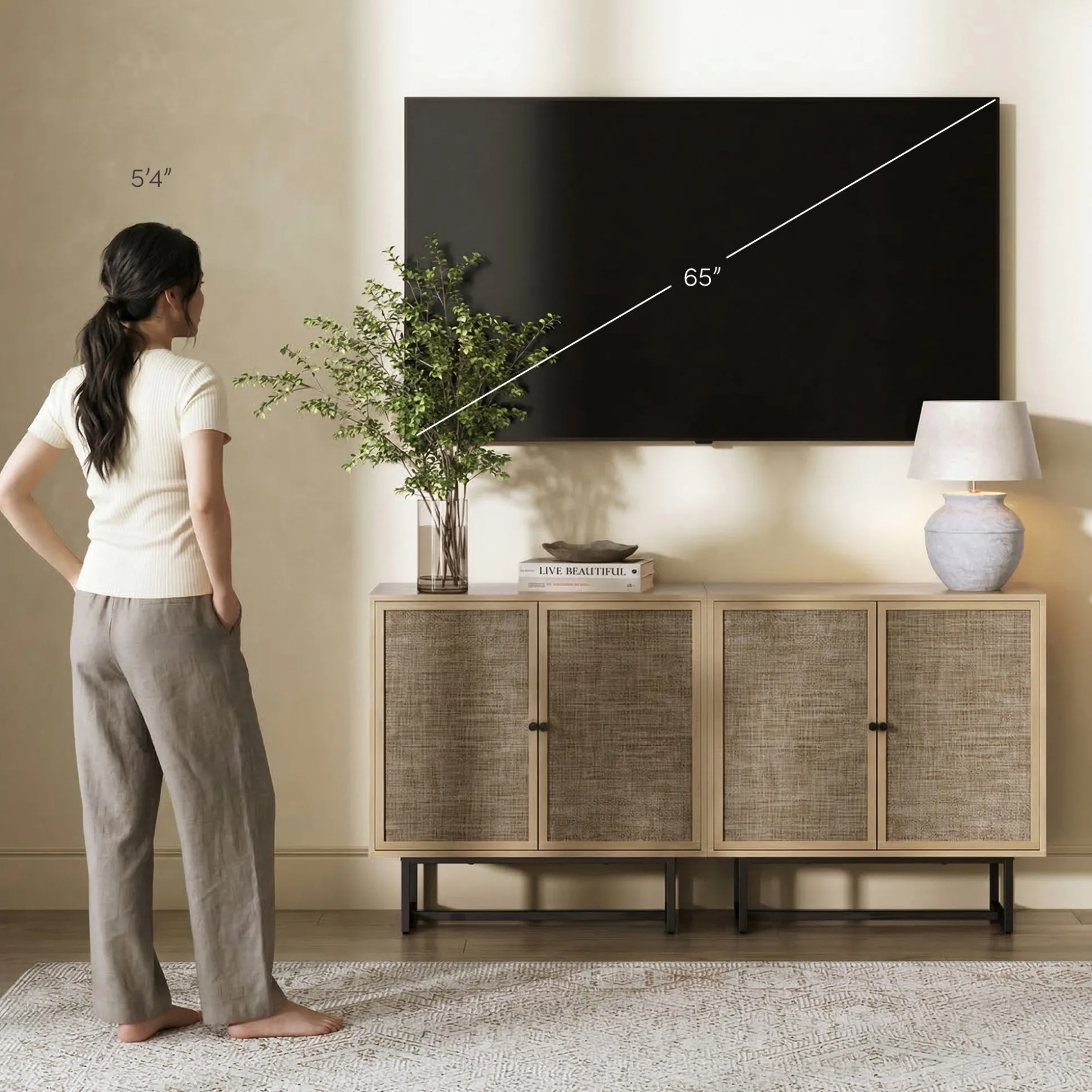 Metal and Rattan TV Stand Console for TVs up to 65" Light Oak
