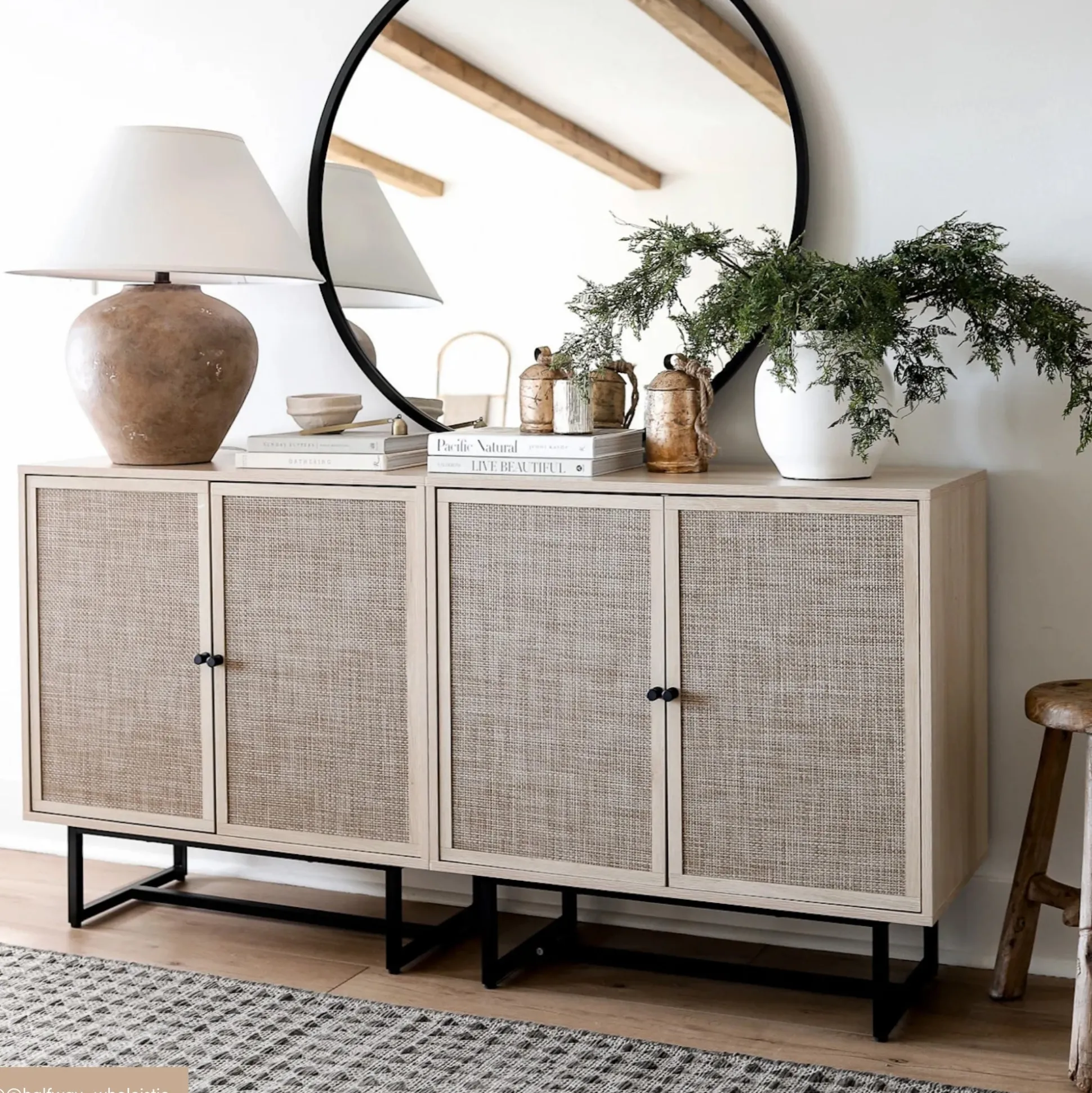 Metal and Rattan TV Stand Console for TVs up to 65" Light Oak