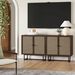 Metal and Rattan TV Stand Console for TVs up to 65" Walnut