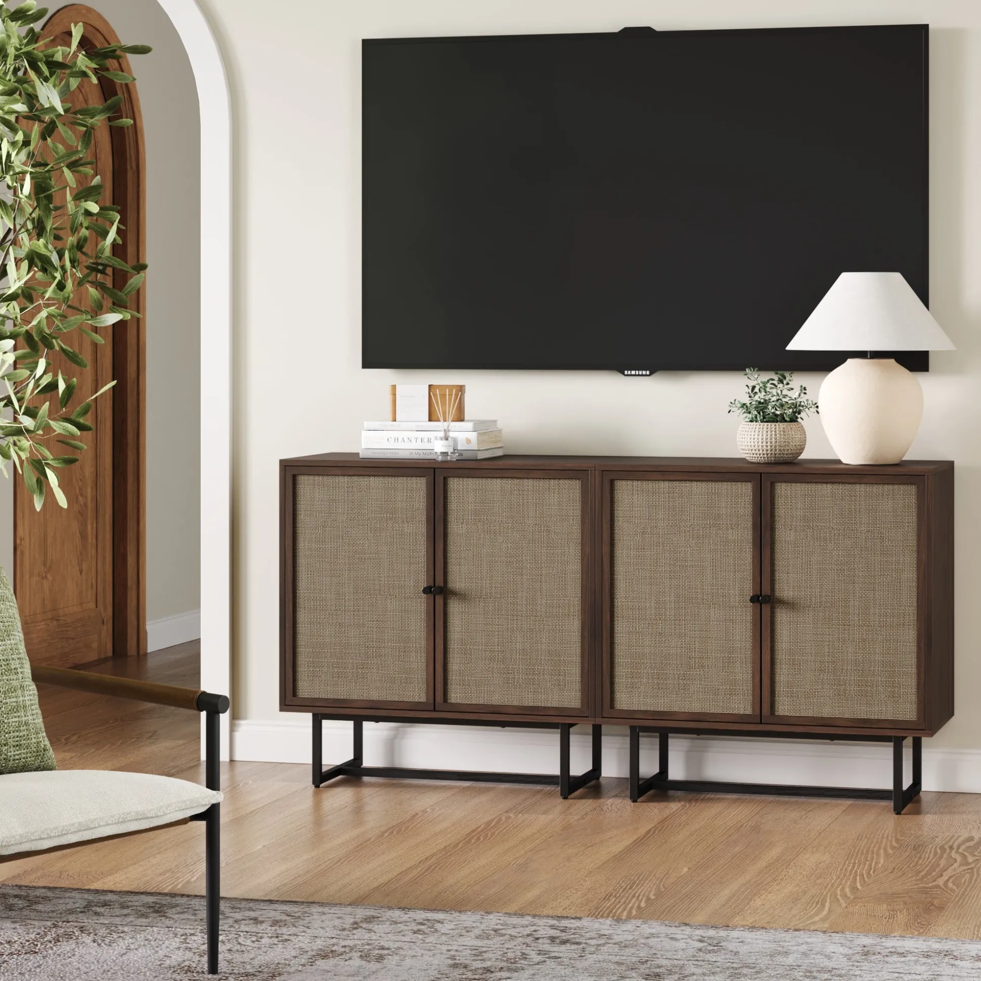 Metal and Rattan TV Stand Console for TVs up to 65" Walnut