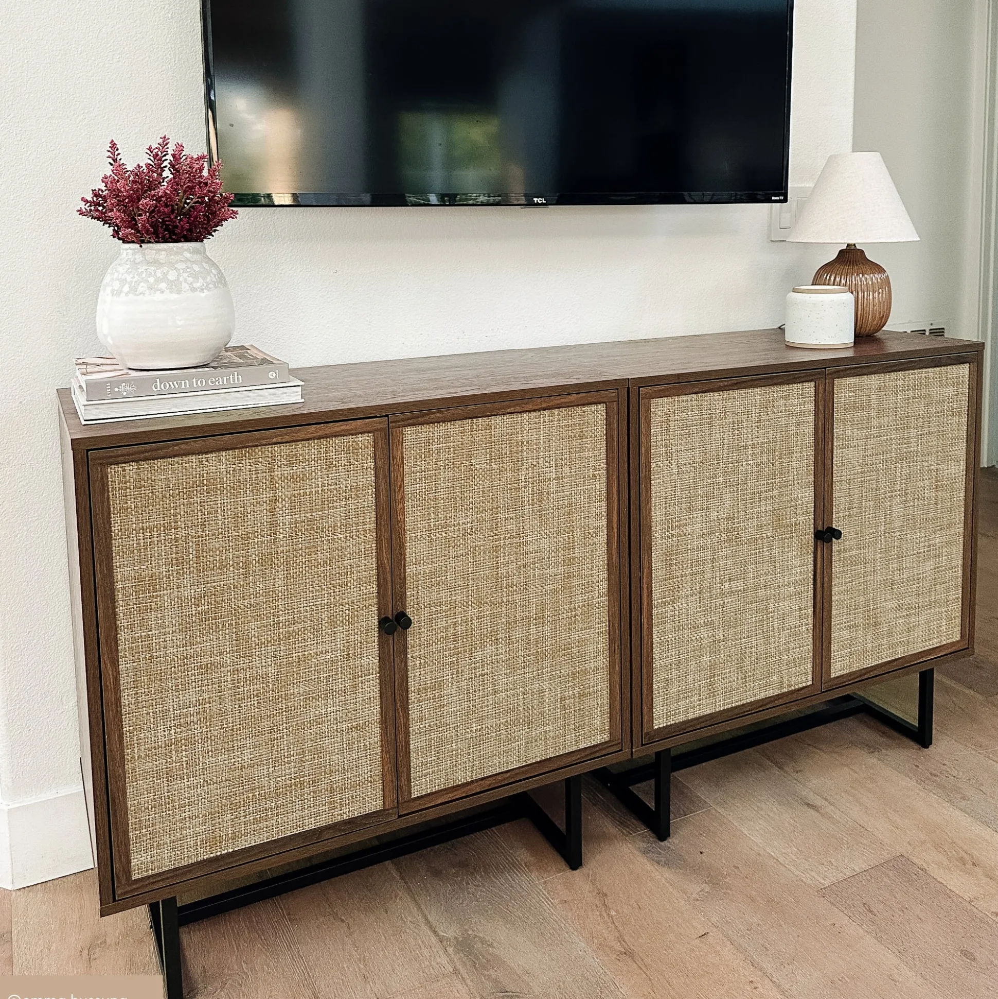 Metal and Rattan TV Stand Console for TVs up to 65" Walnut