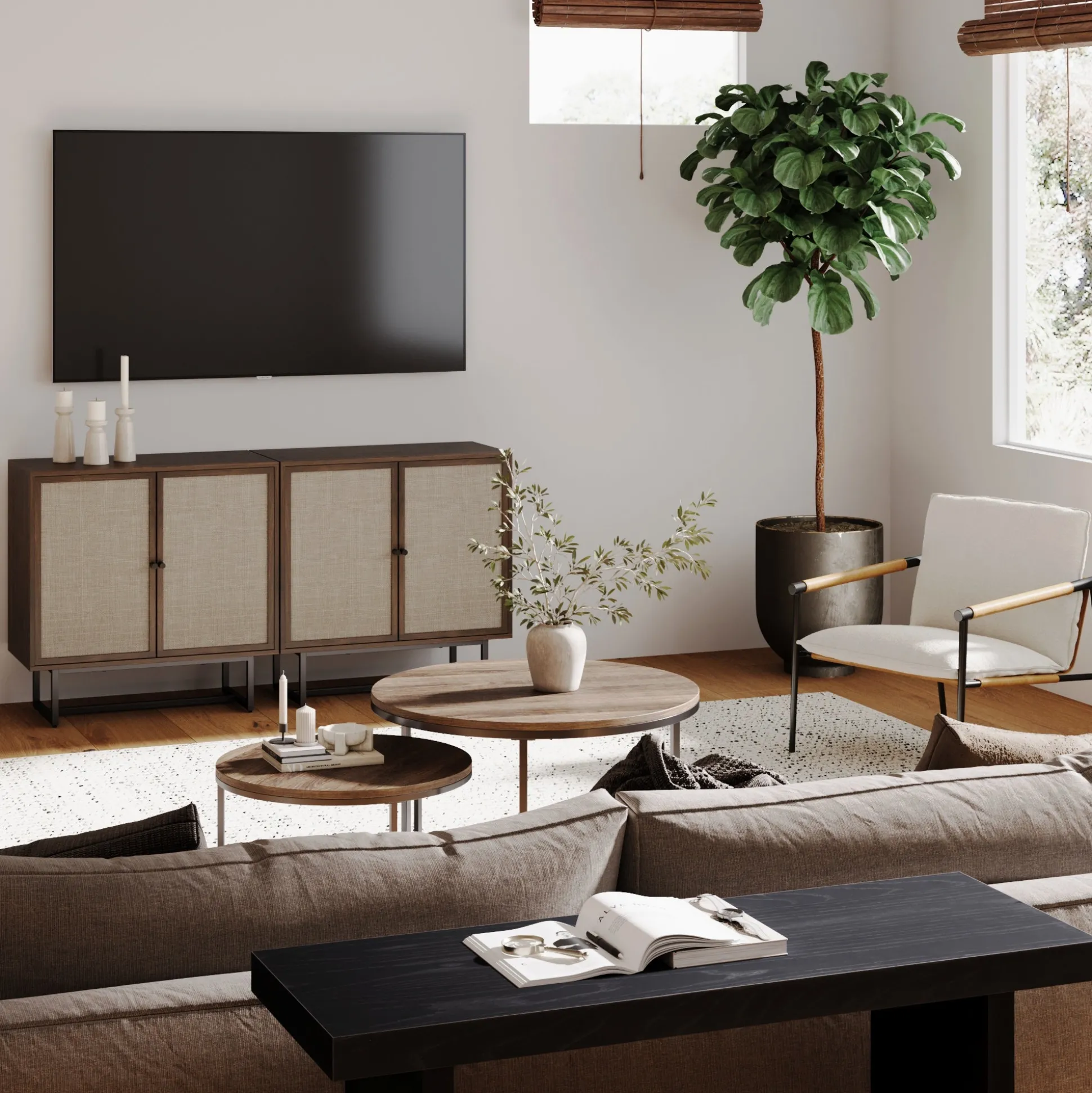 Metal and Rattan TV Stand Console for TVs up to 65" Walnut