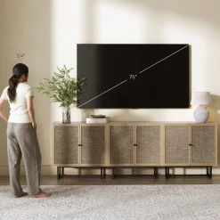 Metal and Rattan TV Stand Console for TVs up to 75" Light Oak