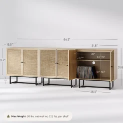Metal and Rattan TV Stand Console for TVs up to 75" Light Oak