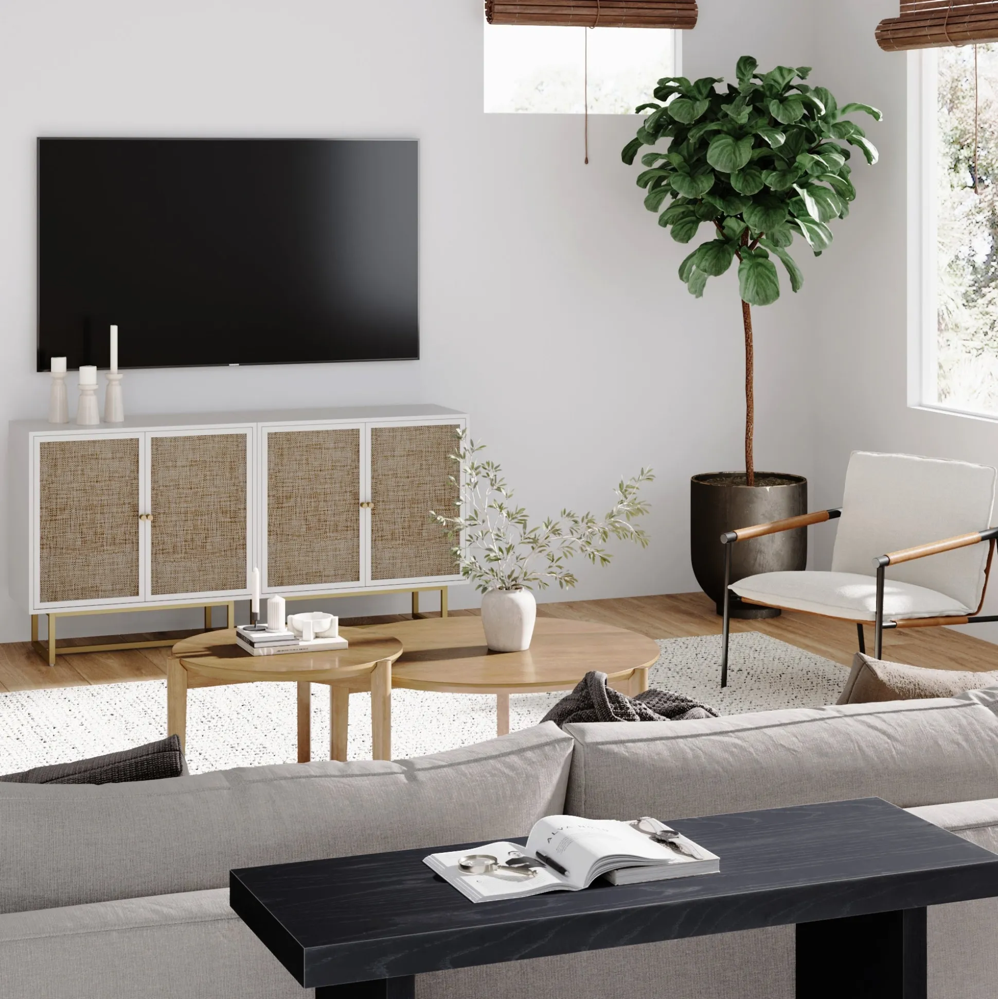 Metal and Rattan TV Stand Console for TVs up to 65" White