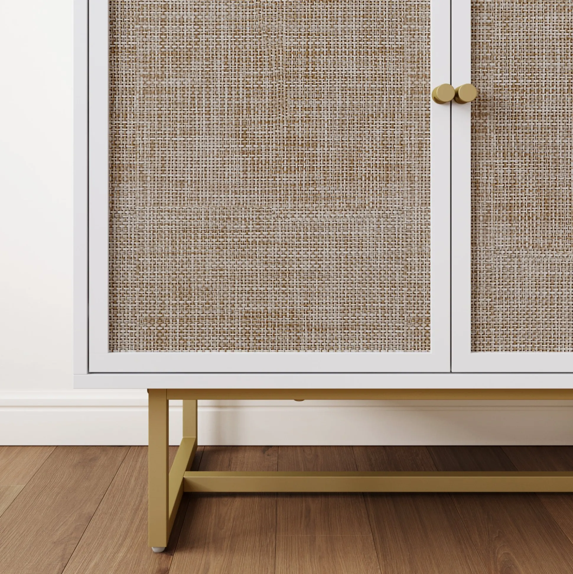 Metal and Rattan TV Stand Console for TVs up to 65" White