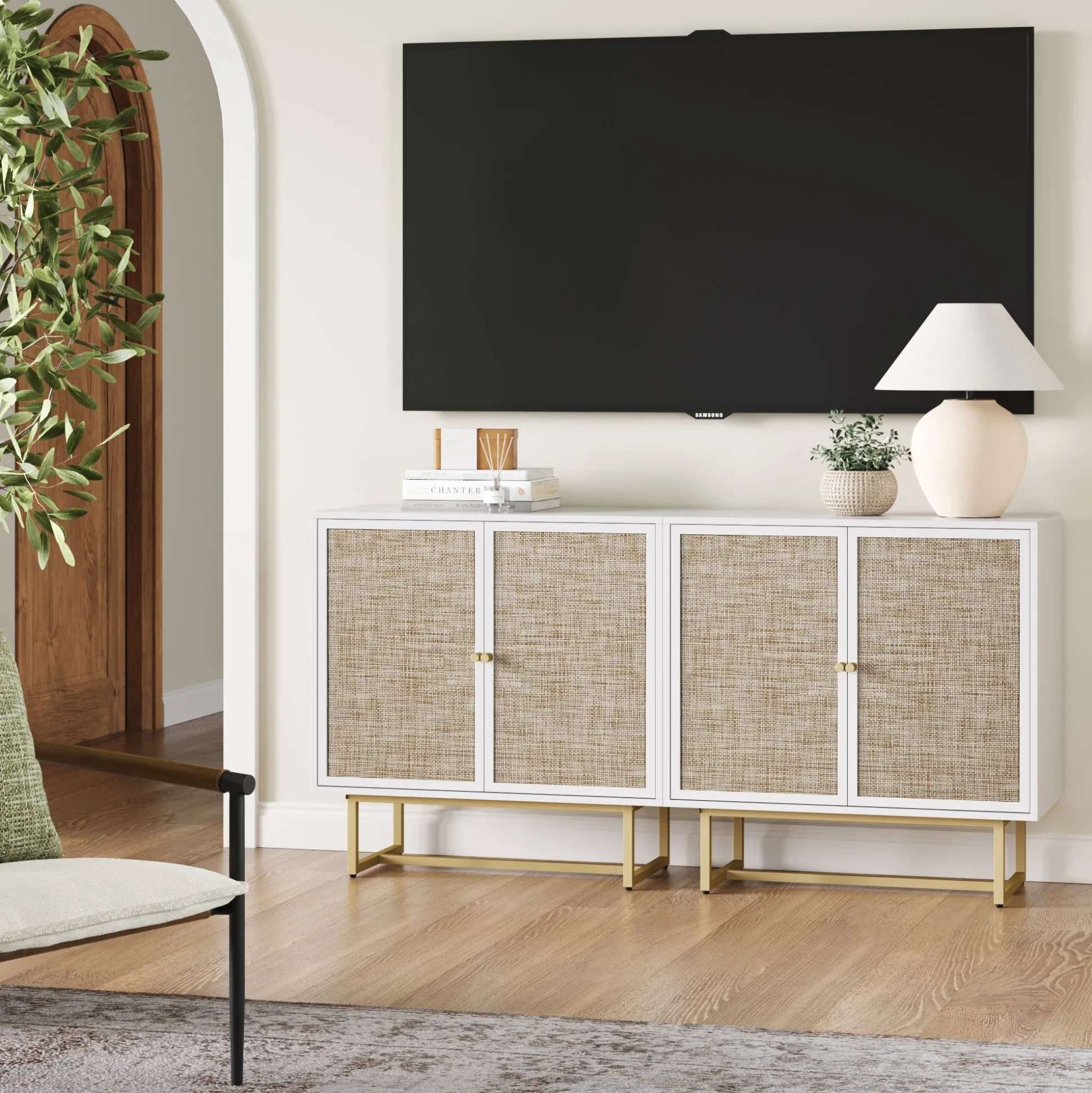 Metal and Rattan TV Stand Console for TVs up to 65" White