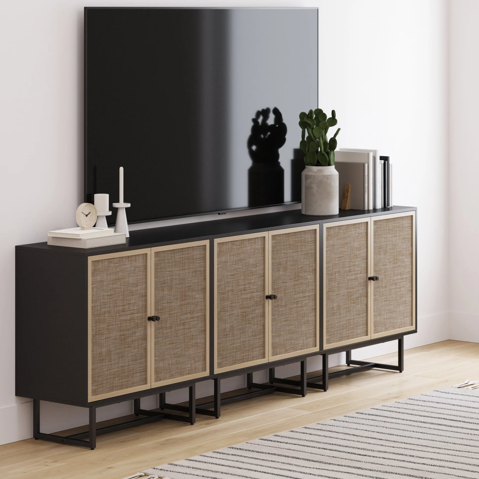 Metal and Rattan TV Stand Console for TVs up to 75" Black Oak