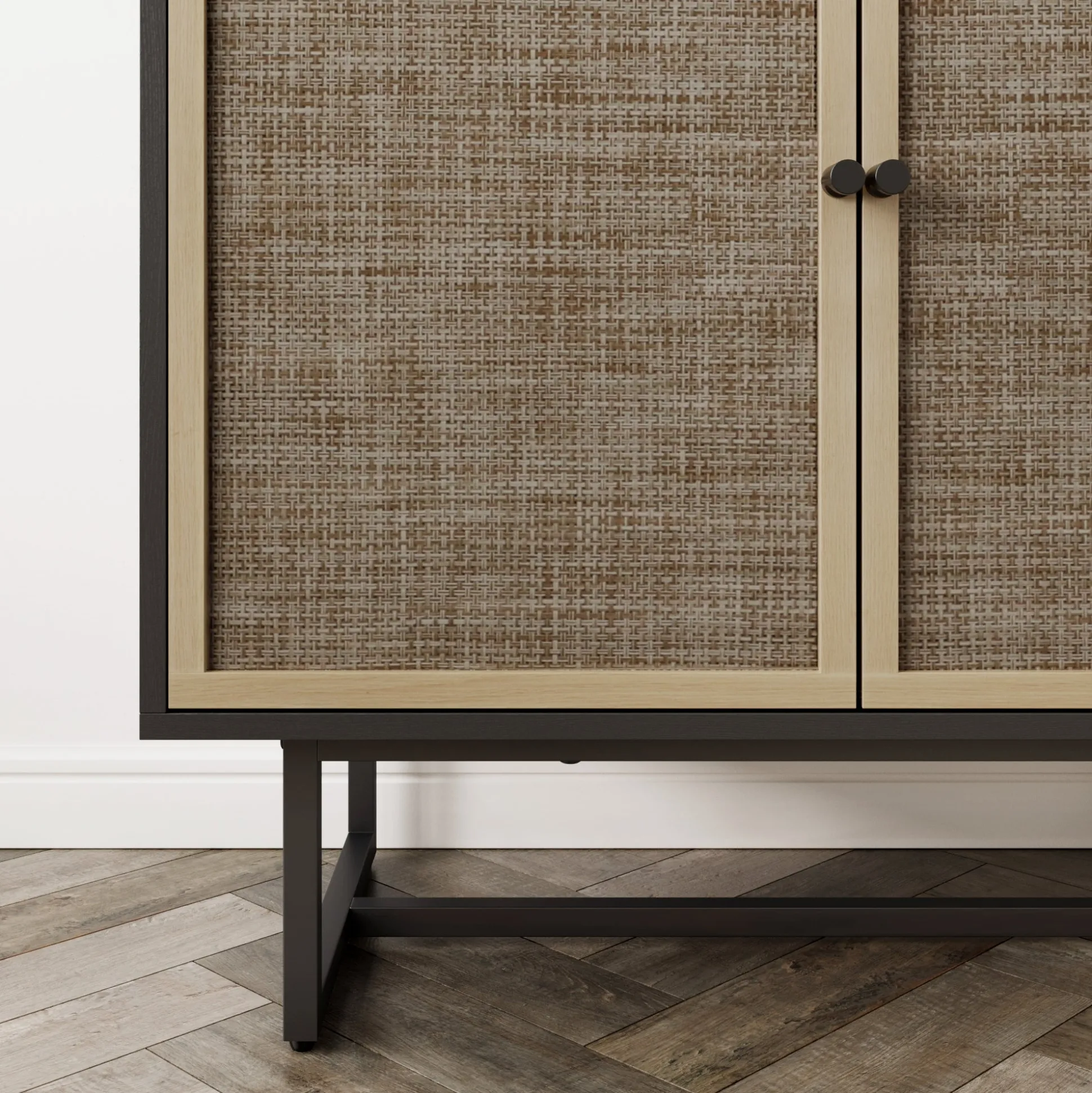 Metal and Rattan TV Stand Console for TVs up to 75" Black Oak