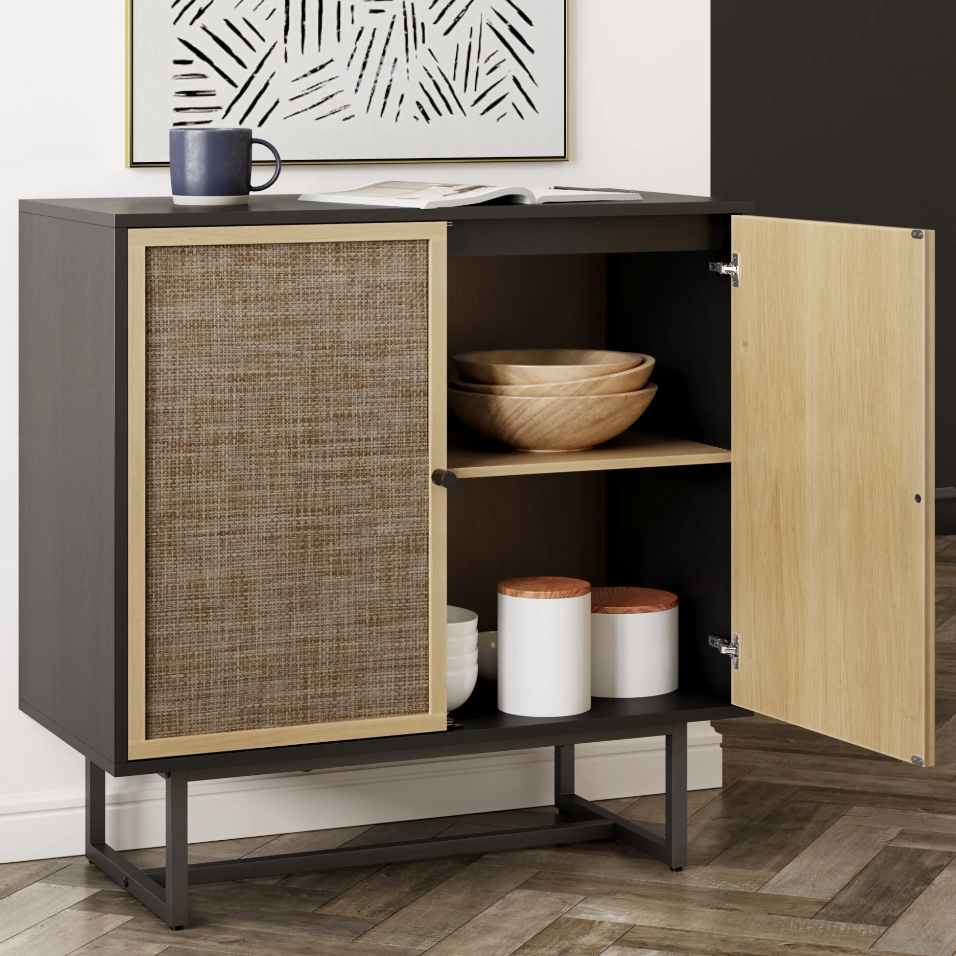 Metal and Rattan TV Stand Console for TVs up to 75" Black Oak