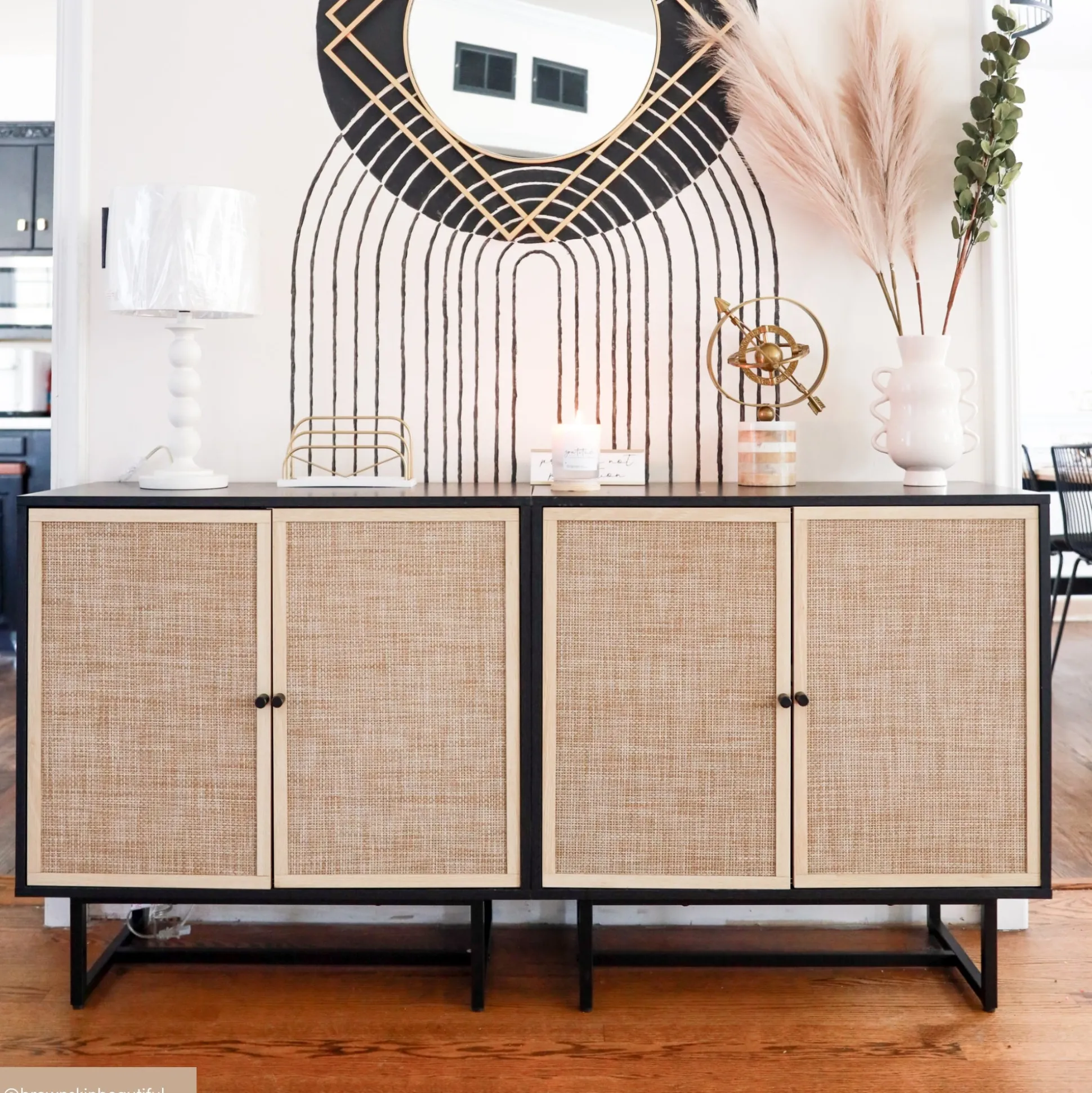 Metal and Rattan TV Stand Console for TVs up to 75" Black Oak