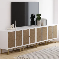 Metal and Rattan TV Stand Console for TVs up to 100" White