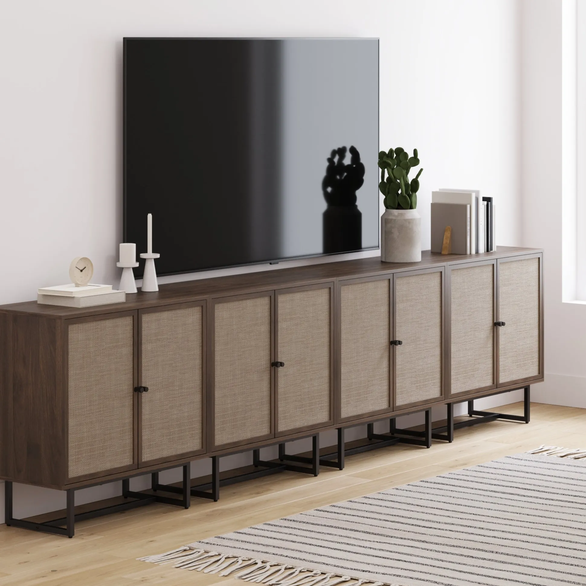 Metal and Rattan TV Stand Console for TVs up to 100" Walnut
