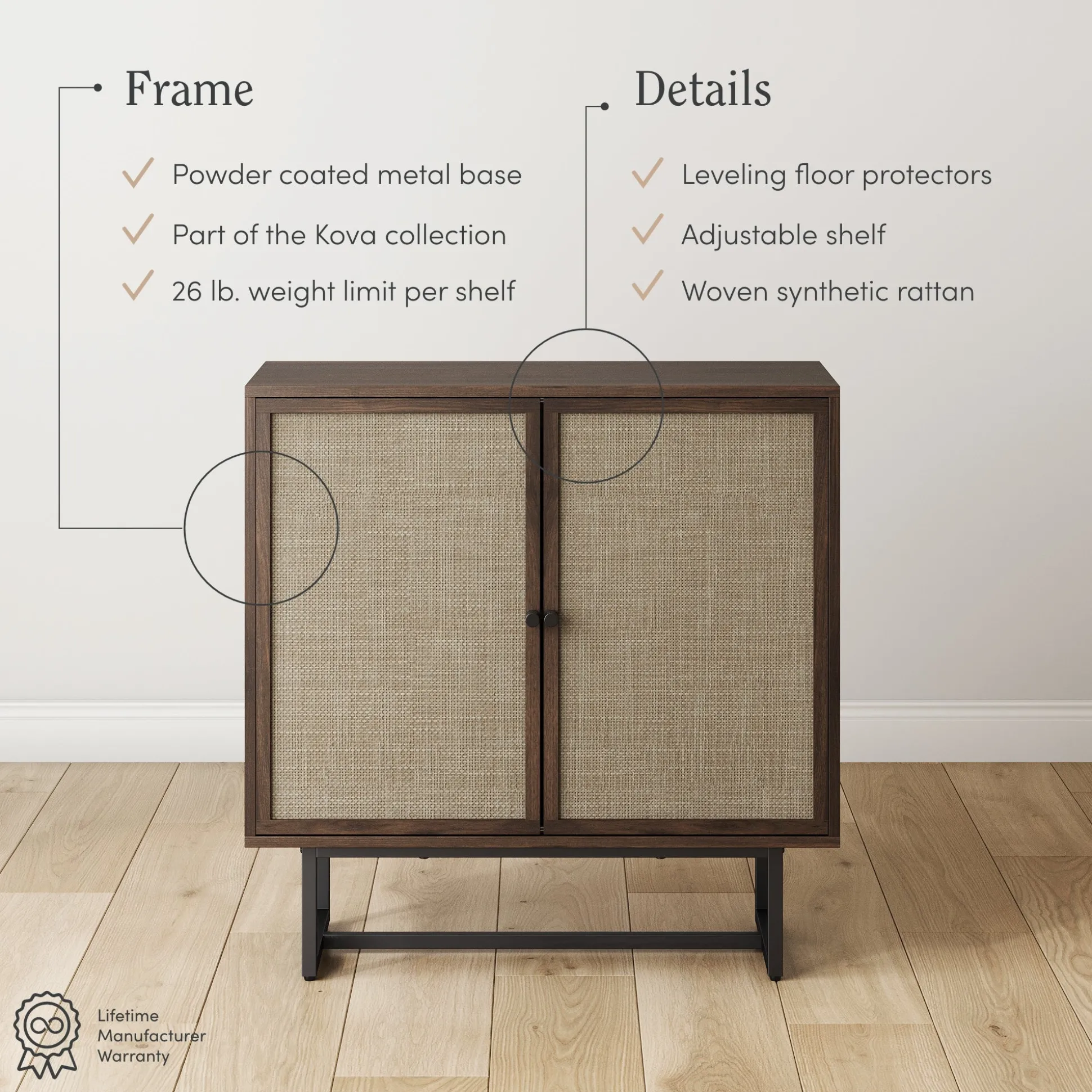 Metal and Rattan TV Stand Console for TVs up to 75" Walnut