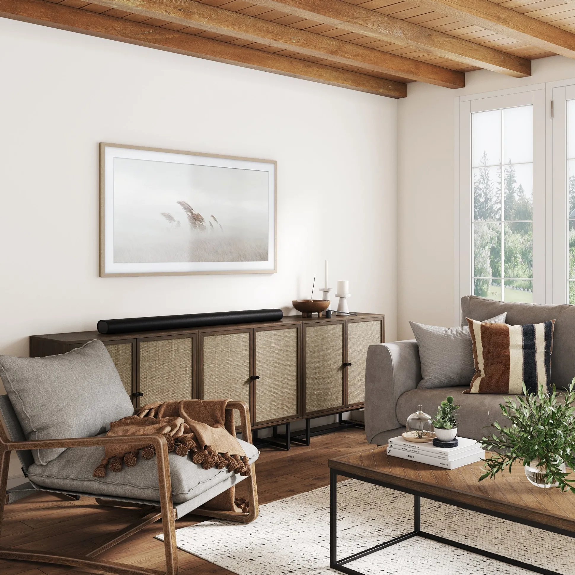 Metal and Rattan TV Stand Console for TVs up to 75" Walnut