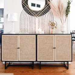 Metal and Rattan TV Stand Console for TVs up to 65" Black Oak