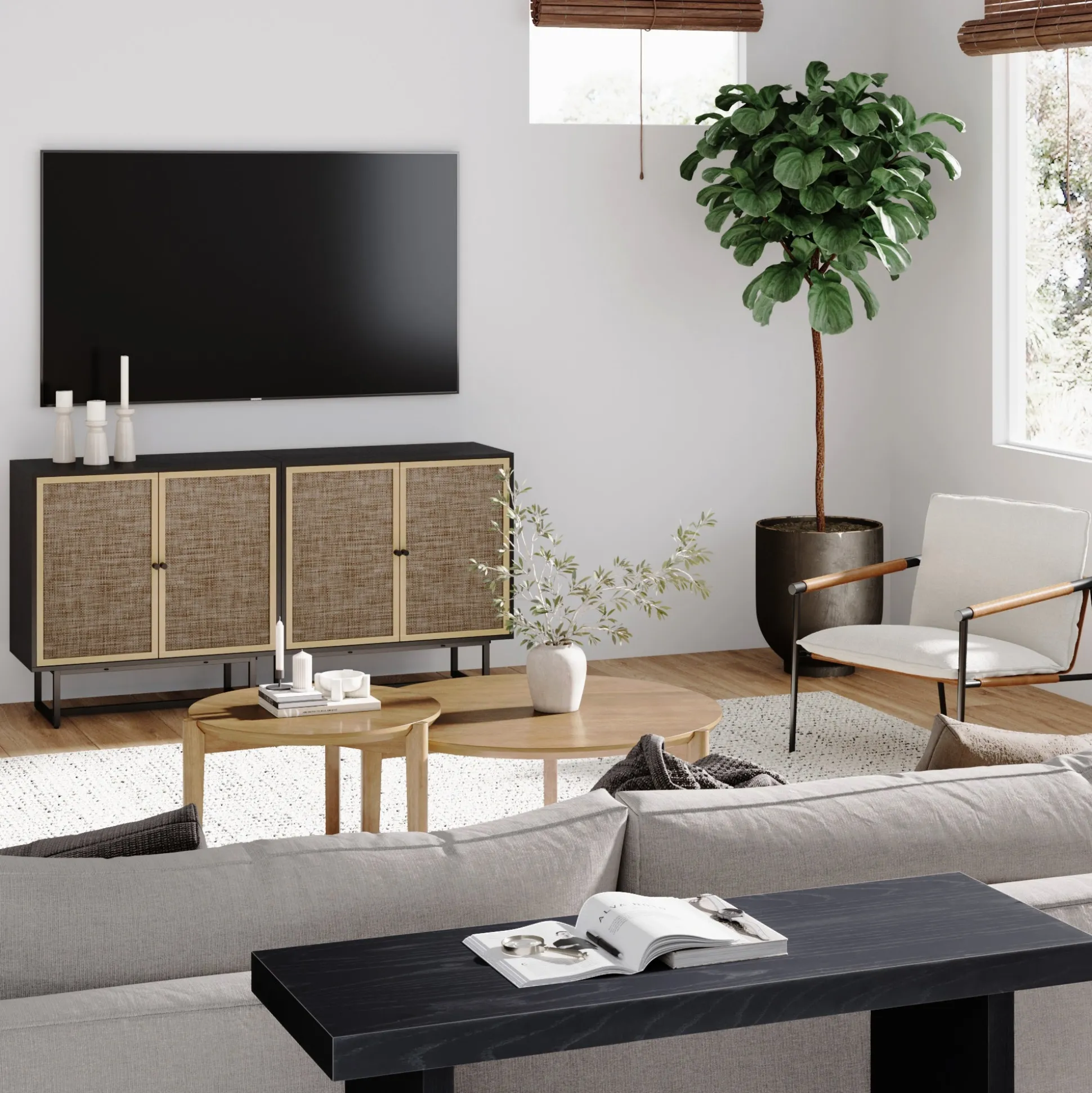 Metal and Rattan TV Stand Console for TVs up to 65" Black Oak