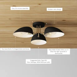 Metal 3-Arm Flush Mount Ceiling Light Black