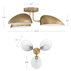 Metal 3-Arm Flush Mount Ceiling Light Brass (Set of 2)