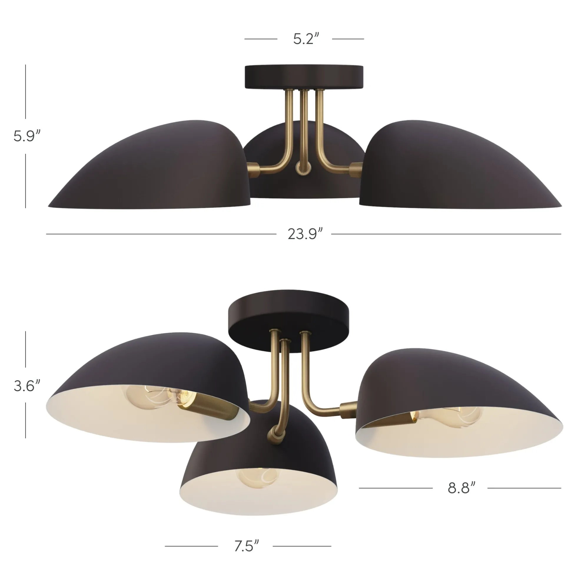 Metal 3-Arm Flush Mount Ceiling Light Black (Set of 2)