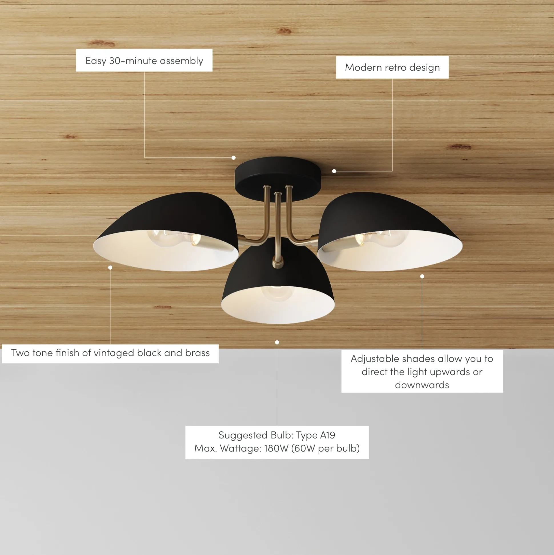 Metal 3-Arm Flush Mount Ceiling Light Black (Set of 2)