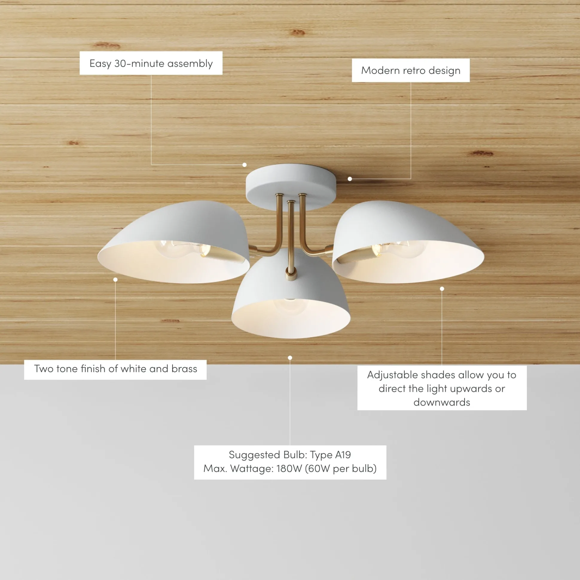 Metal 3-Arm Flush Mount Ceiling Light White
