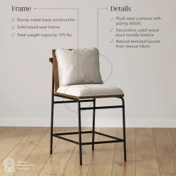Metal Bar Stool with Cushion and Solid Wood Frame (Set of 3)