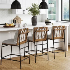 Metal Bar Stool with Cushion and Solid Wood Frame (Set of 3)