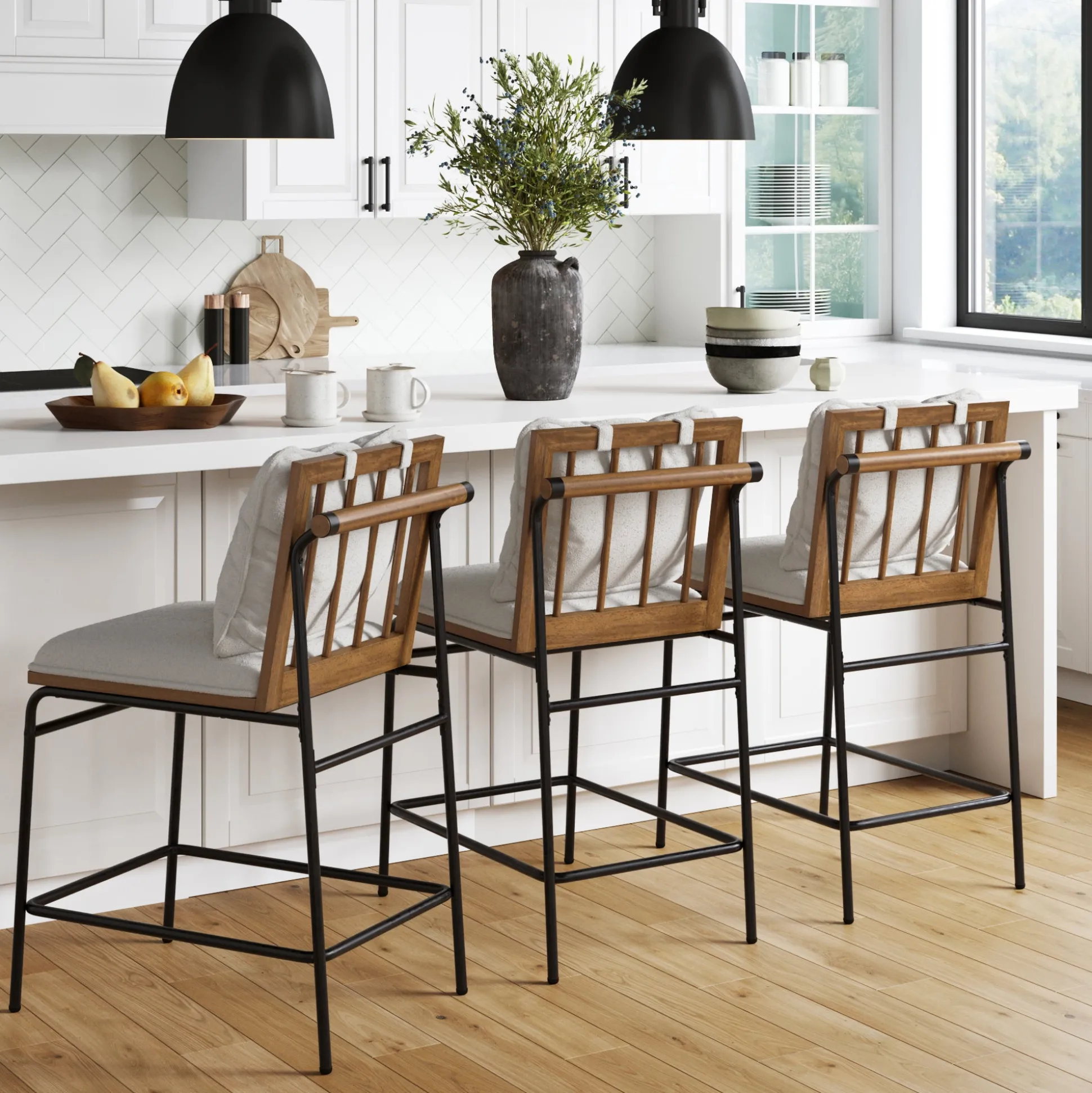 Metal Bar Stool with Cushion and Solid Wood Frame (Set of 3)