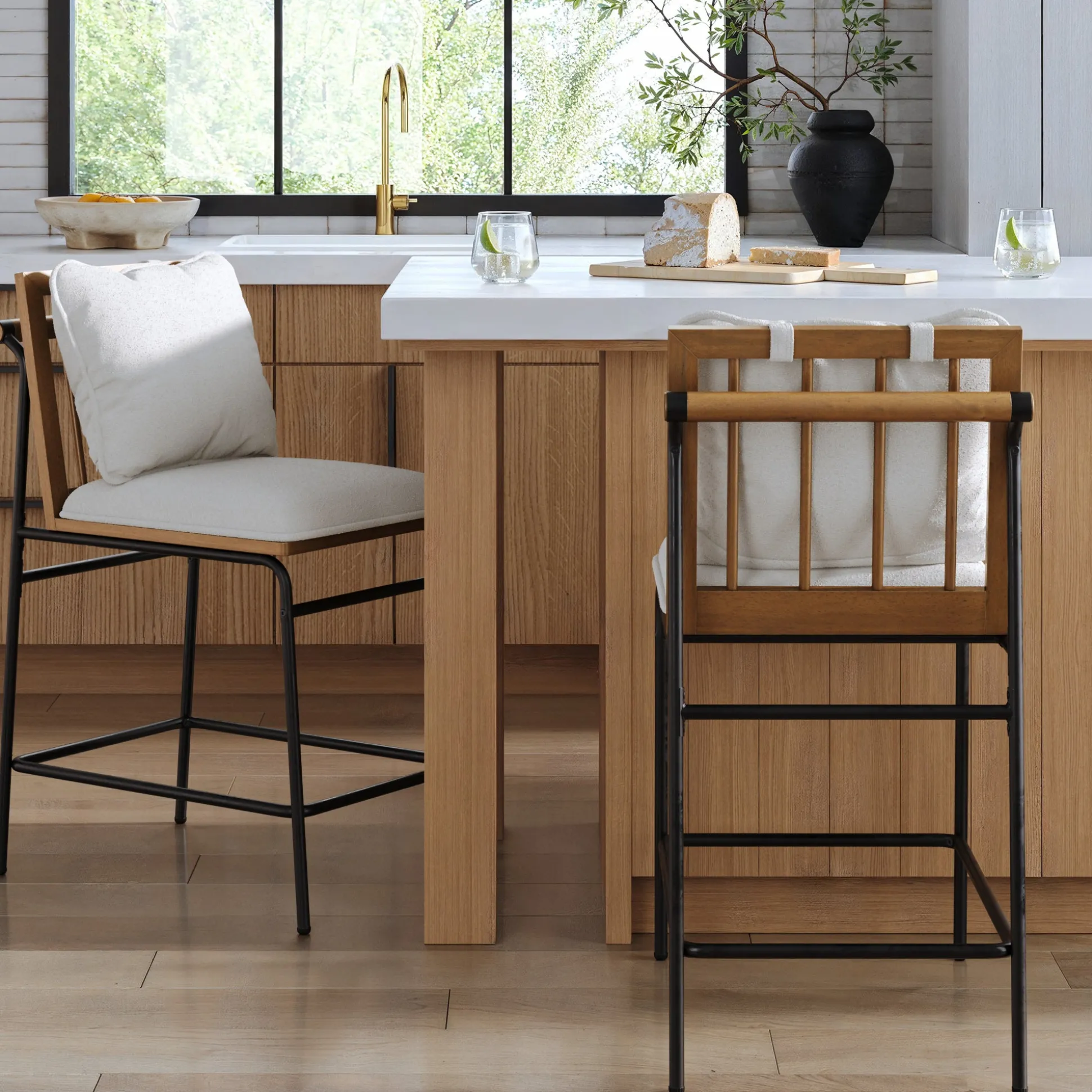 Metal Bar Stool with Cushion and Solid Wood Frame (Set of 2)