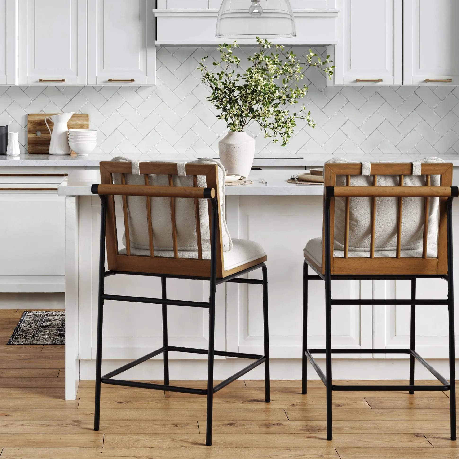 Metal Bar Stool with Cushion and Solid Wood Frame (Set of 2)