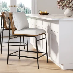 Metal Bar Stool with Cushion and Solid Wood Frame