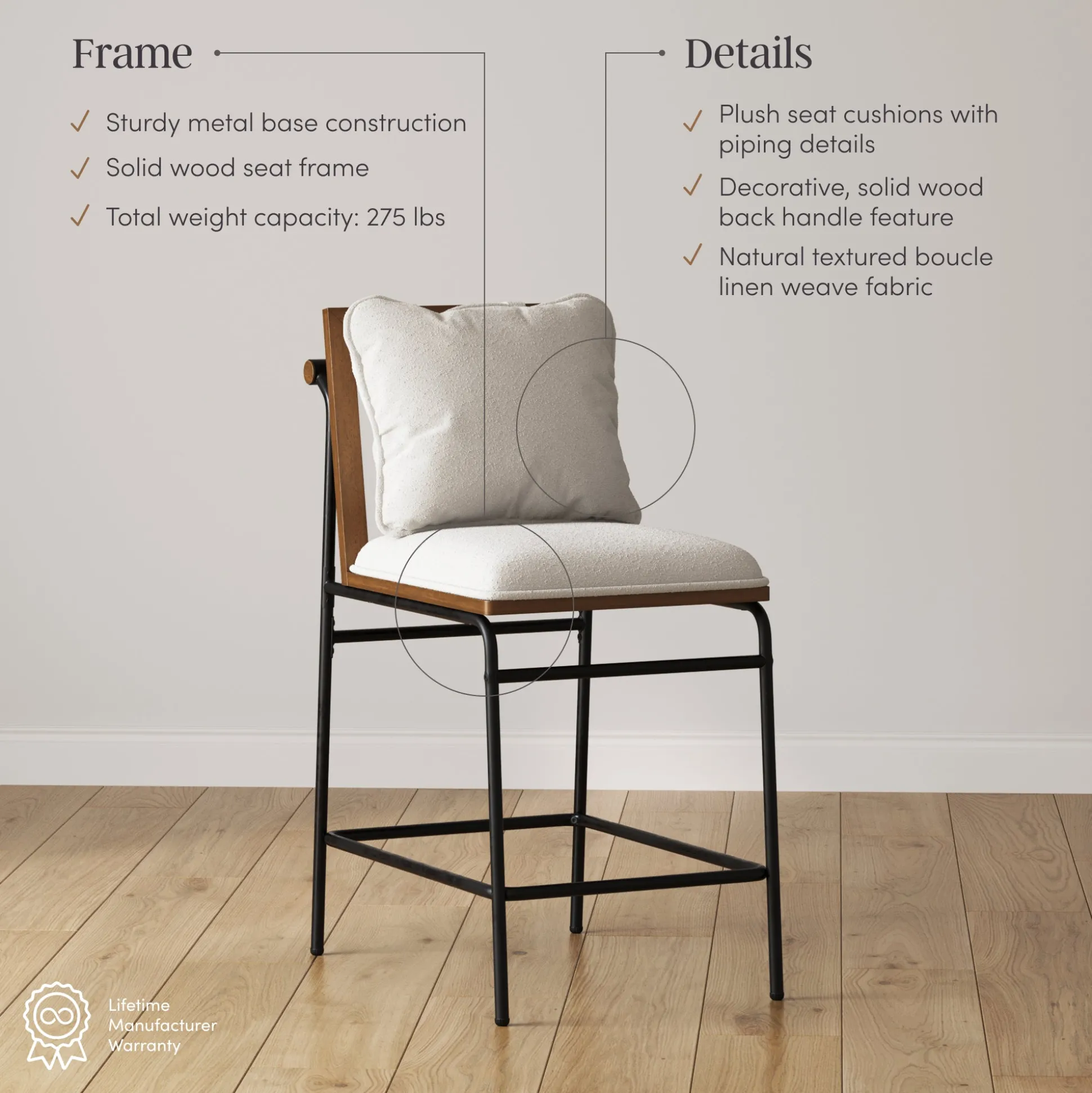 Metal Bar Stool with Cushion and Solid Wood Frame