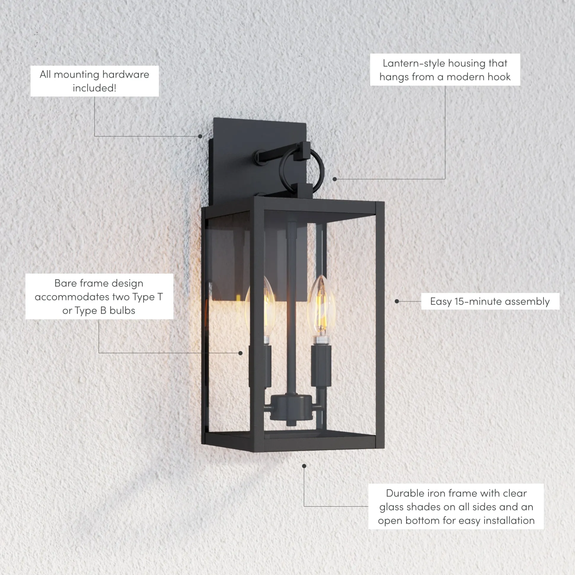 Metal Lantern Outdoor 2-Bulb Wall Light