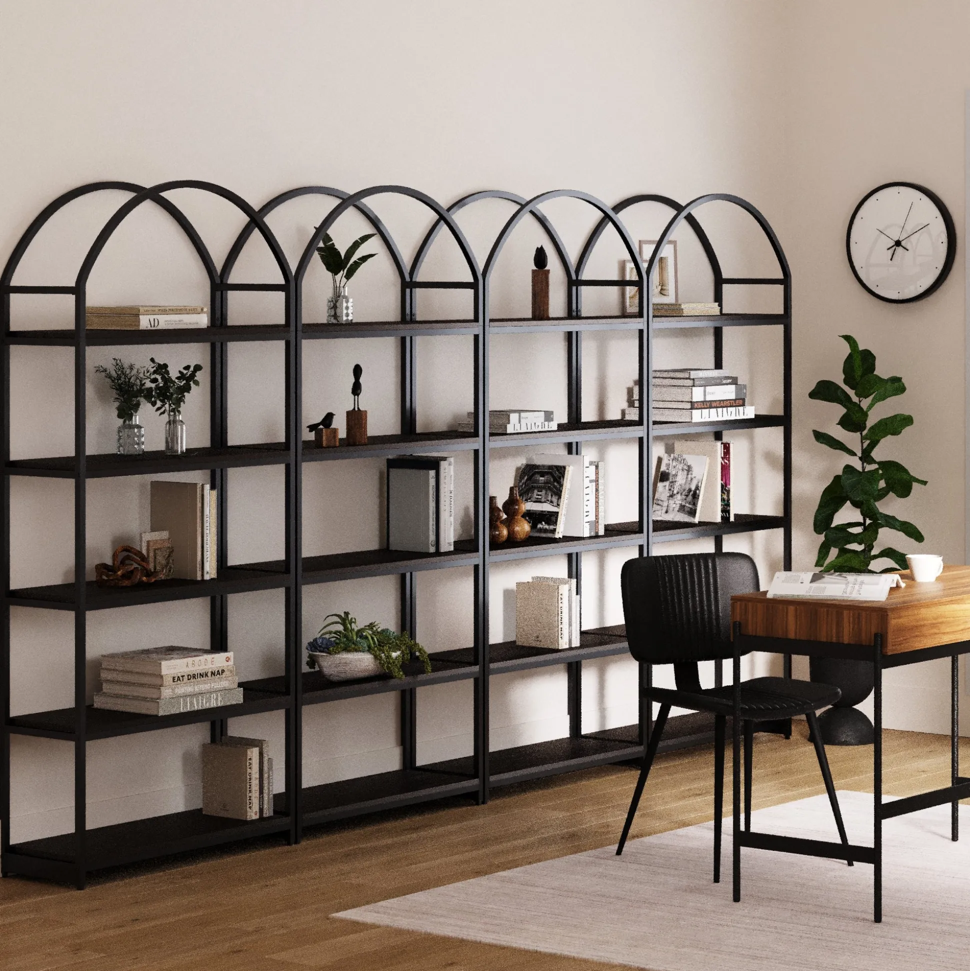 Metal 5-Shelf Arched Bookshelves Black (Set of 4)