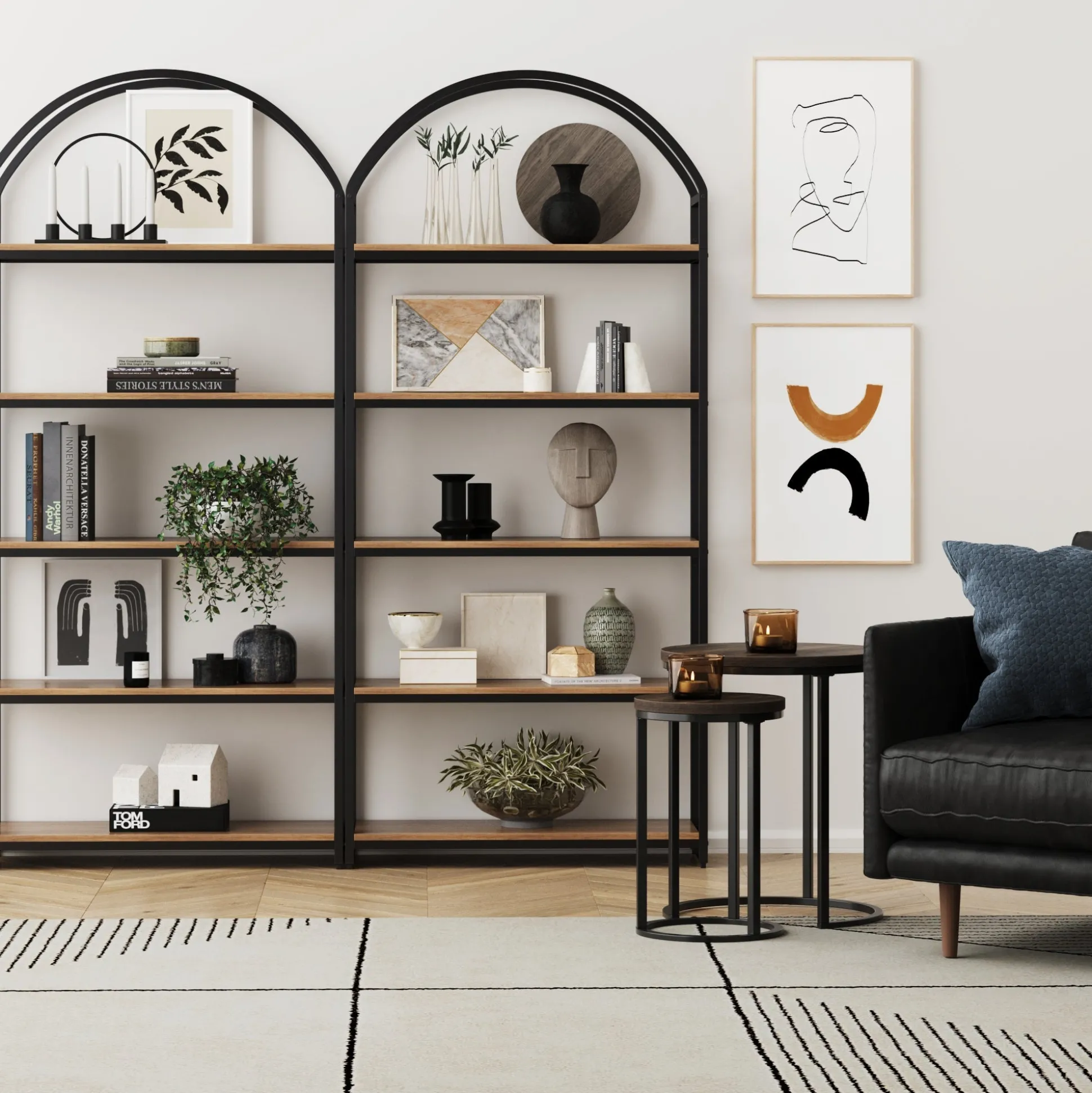 Metal 5-Shelf Arched Bookshelves Oak (Set of 2)