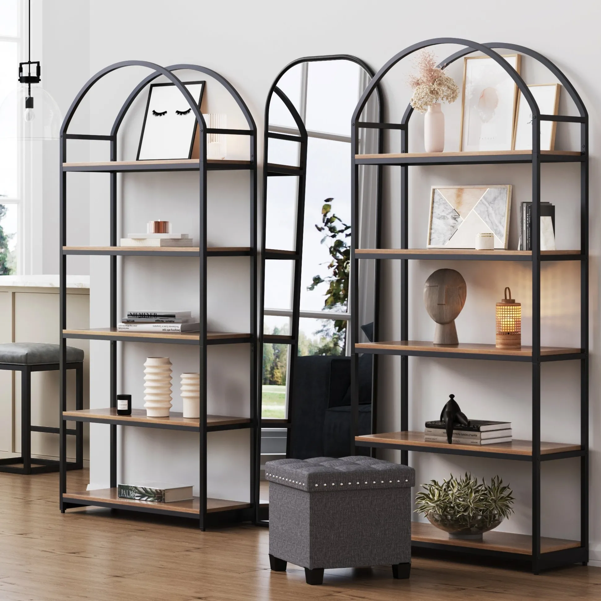 Metal 5-Shelf Arched Bookshelves Oak (Set of 2)