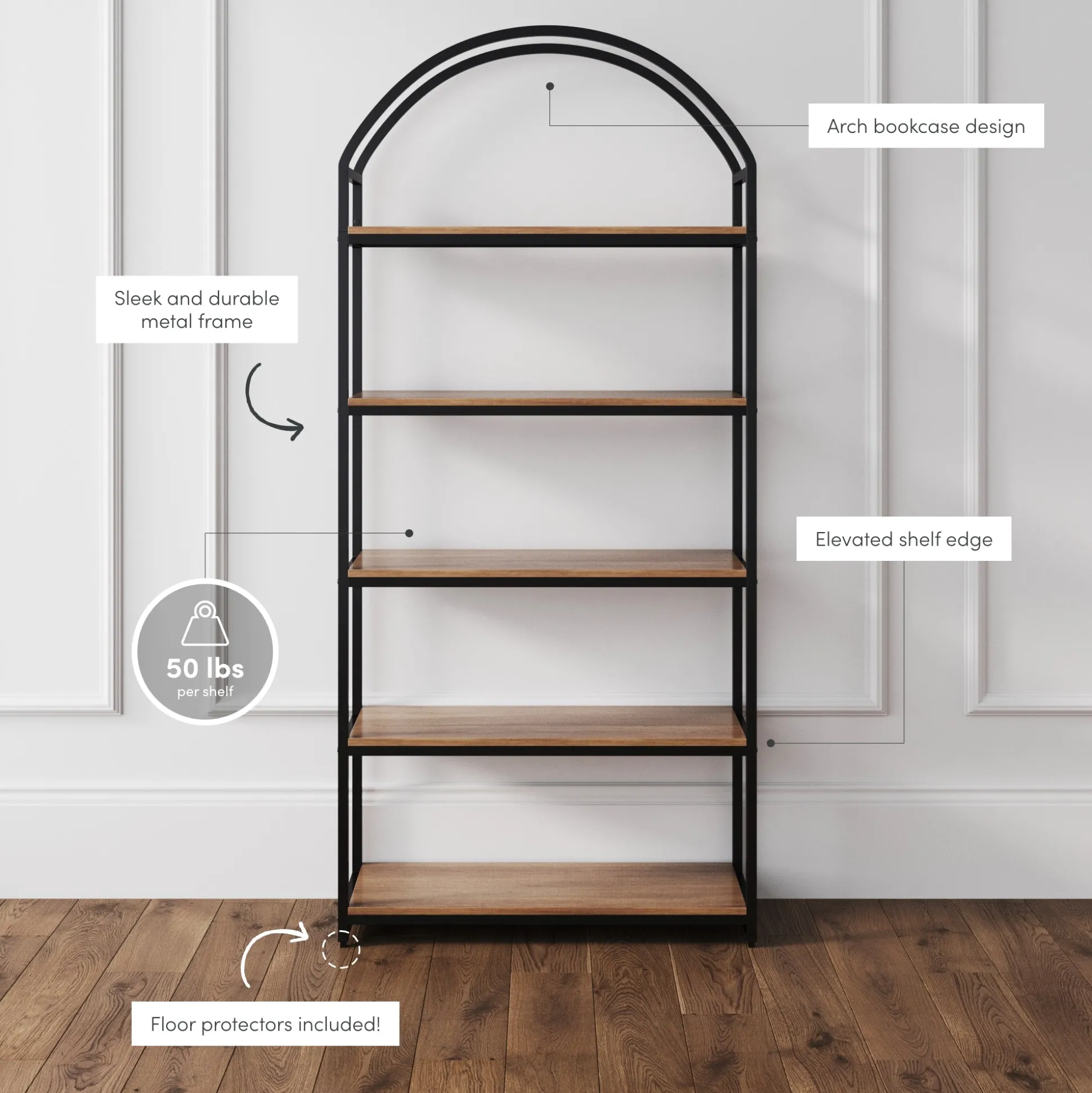 Metal 5-Shelf Arched Bookshelves Oak (Set of 2)