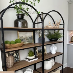 Metal 5-Shelf Arched Bookshelves Oak (Set of 2)